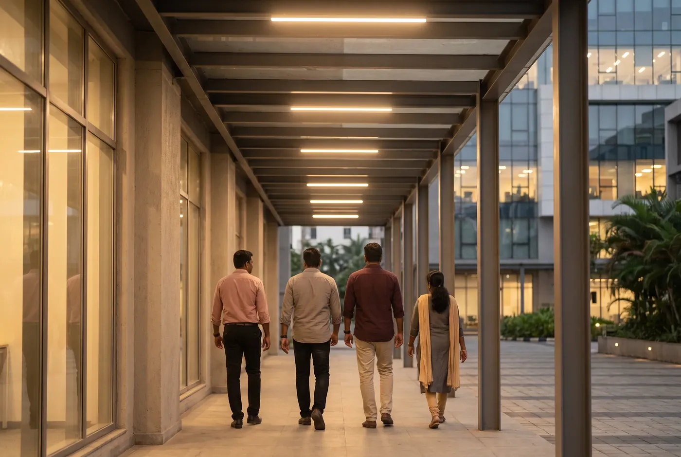 A small group walking along a covered walkway in the evening
