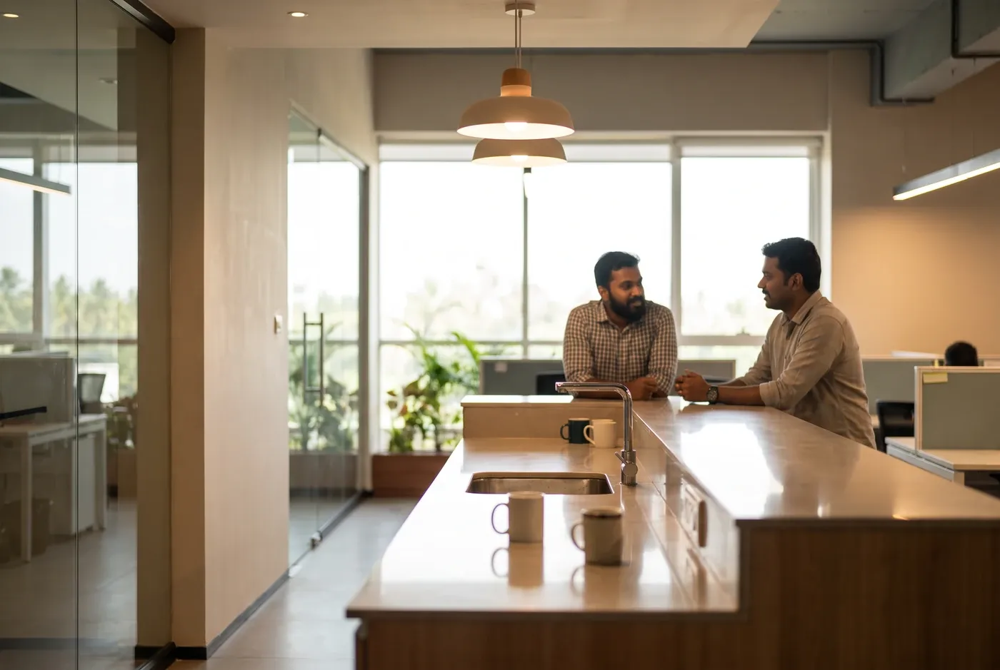 A shared office kitchen after hours with two people talking at the far end
