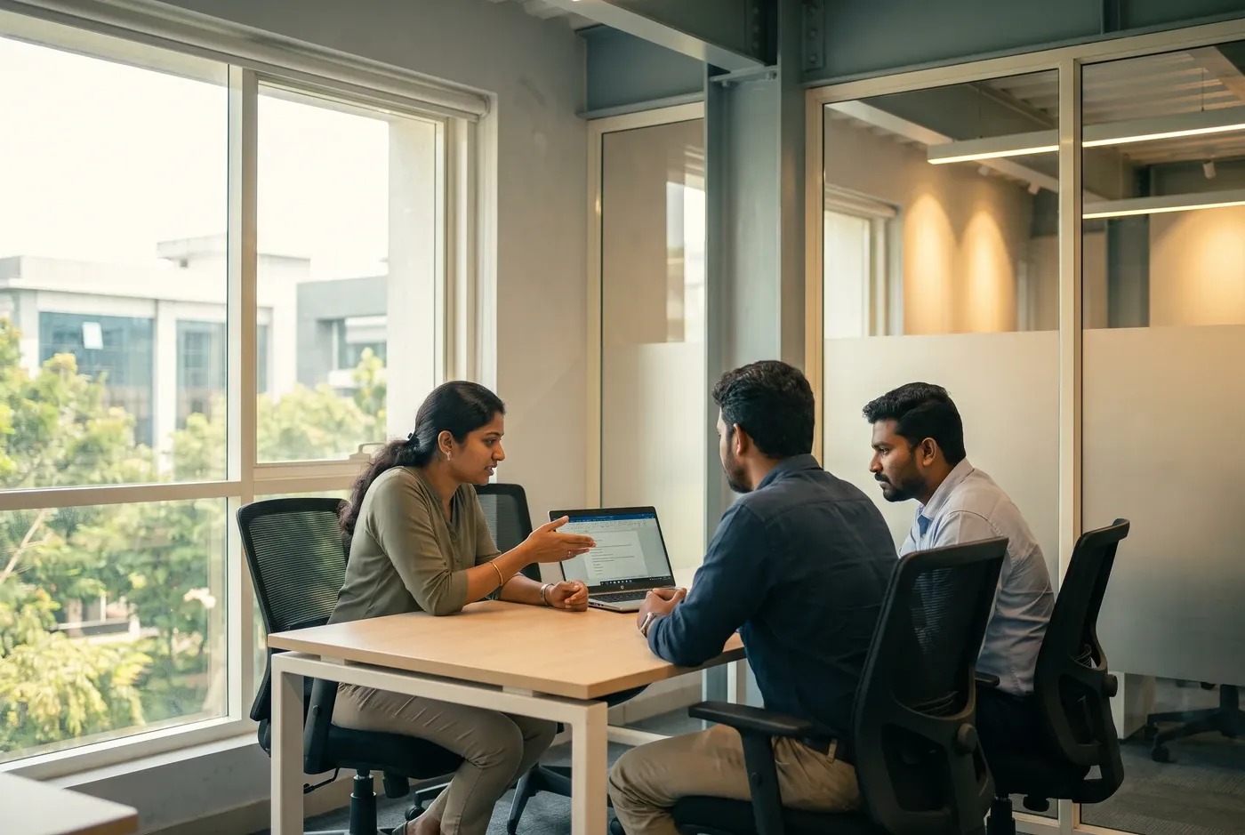 Three colleagues around one laptop, one explaining to the others