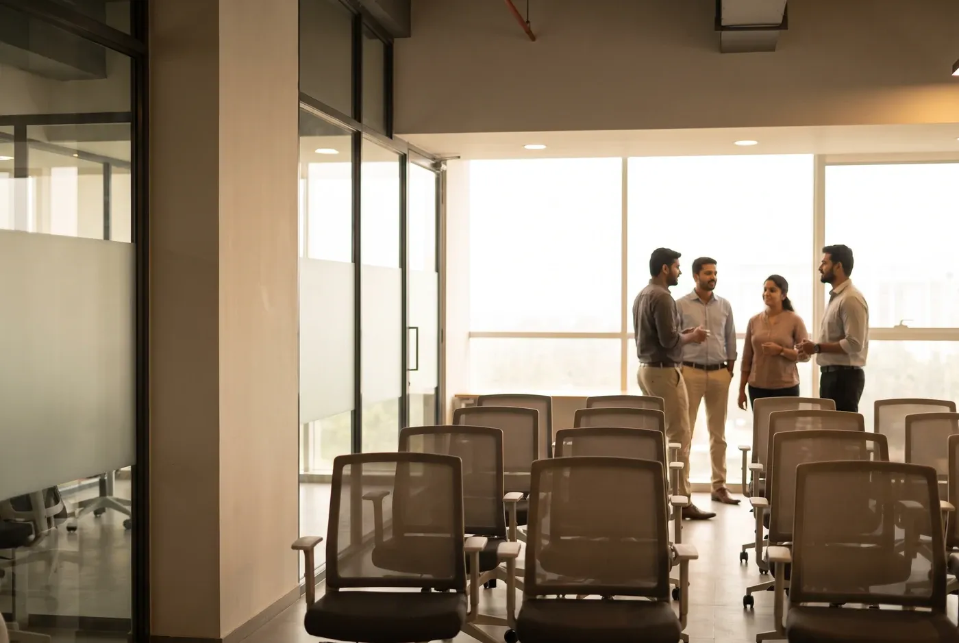 An office arranged with rows of chairs for an all-hands, mostly empty