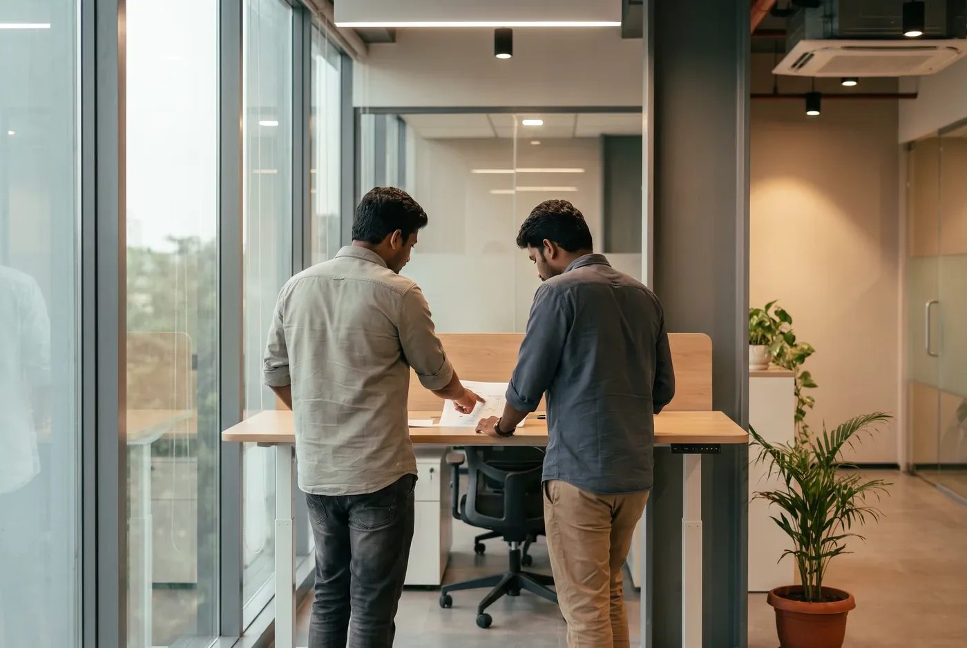 Two colleagues at a standing desk, one showing the other something