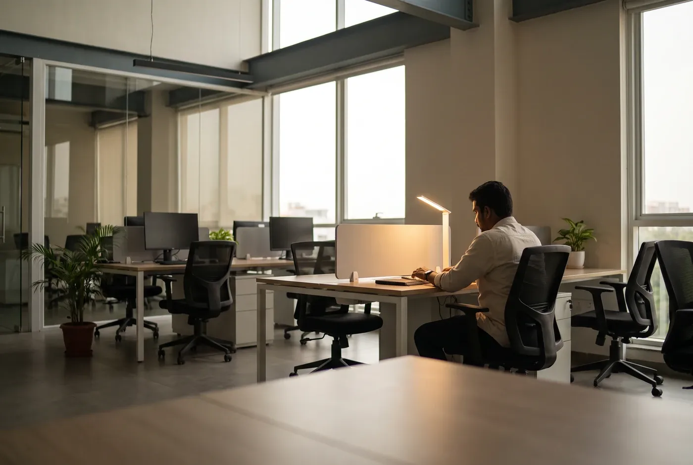 A person working alone at a desk late in the day