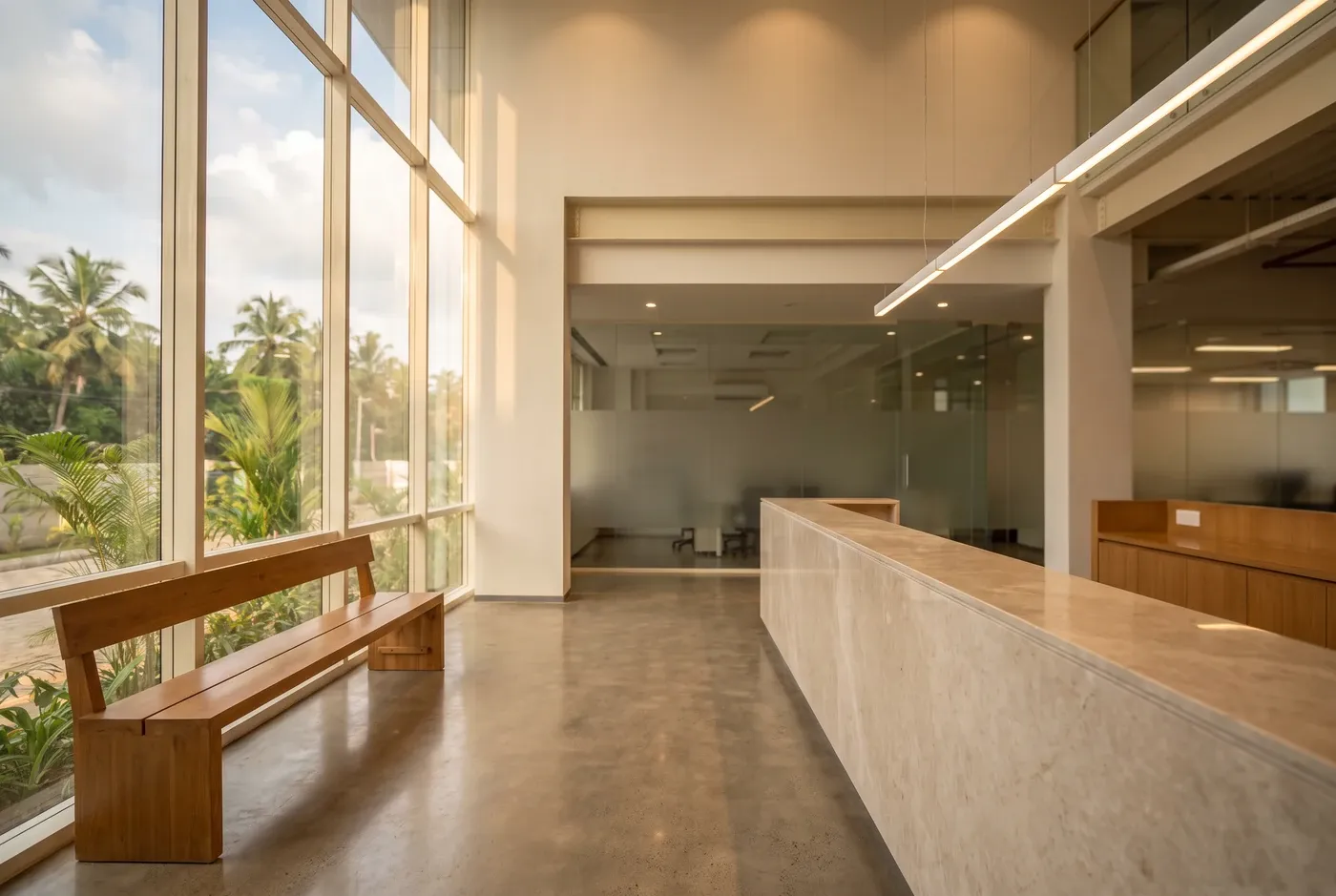 The reception area of a technology-park building in daylight