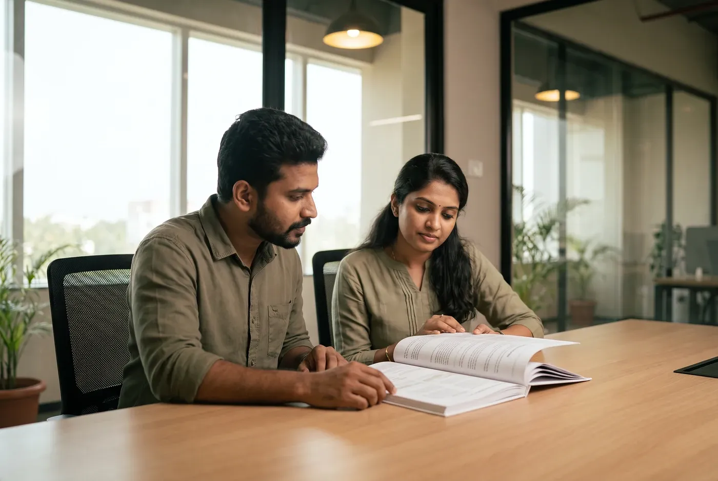 Two people studying a printed document spread on a meeting table
