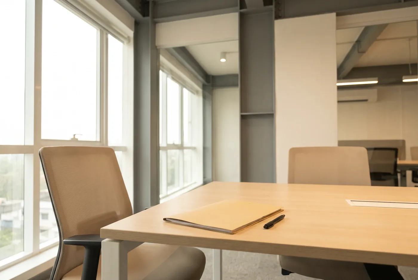 A closed folder and a pen on a clear meeting table with two chairs drawn up