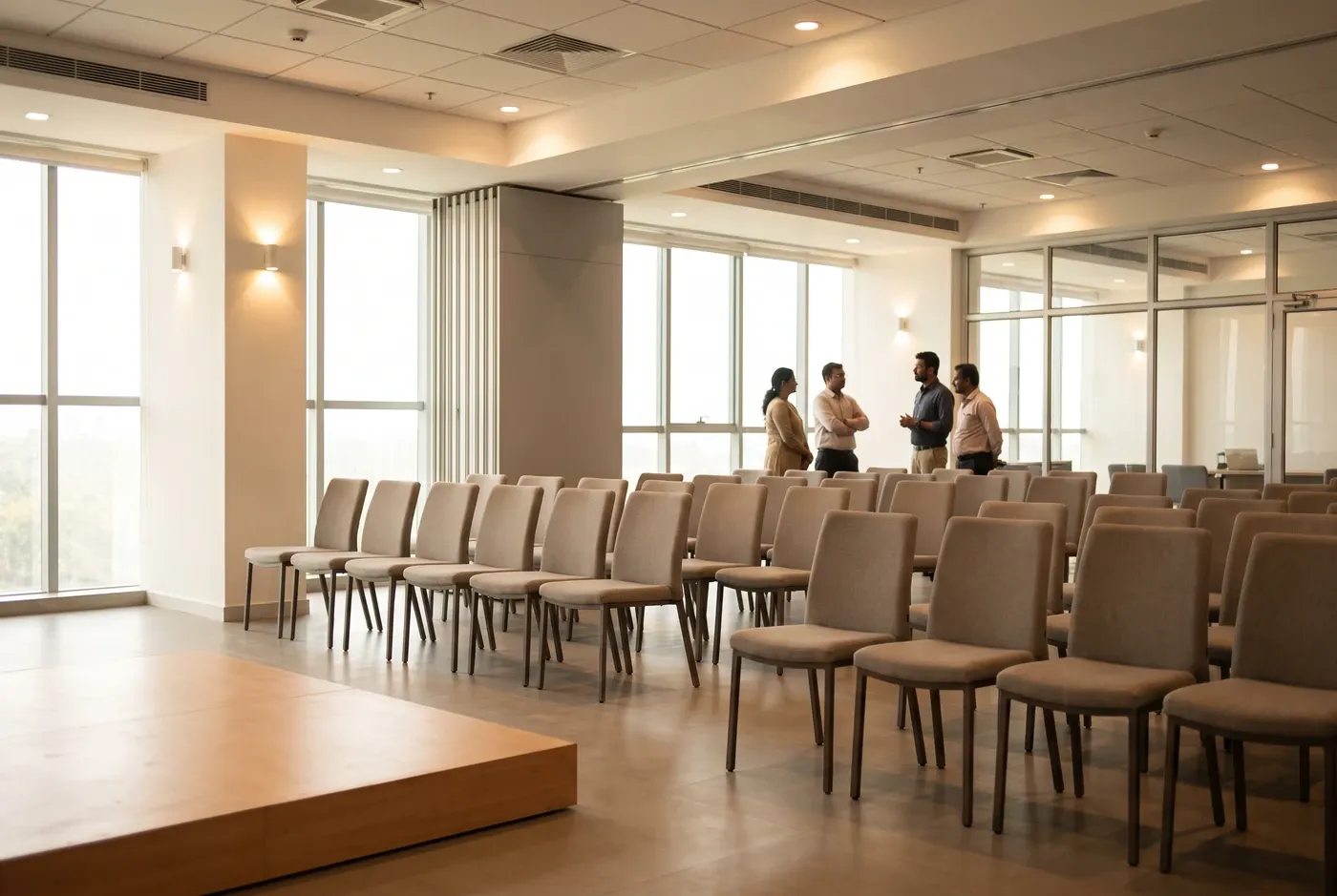 A room set for an event with people gathering at the back