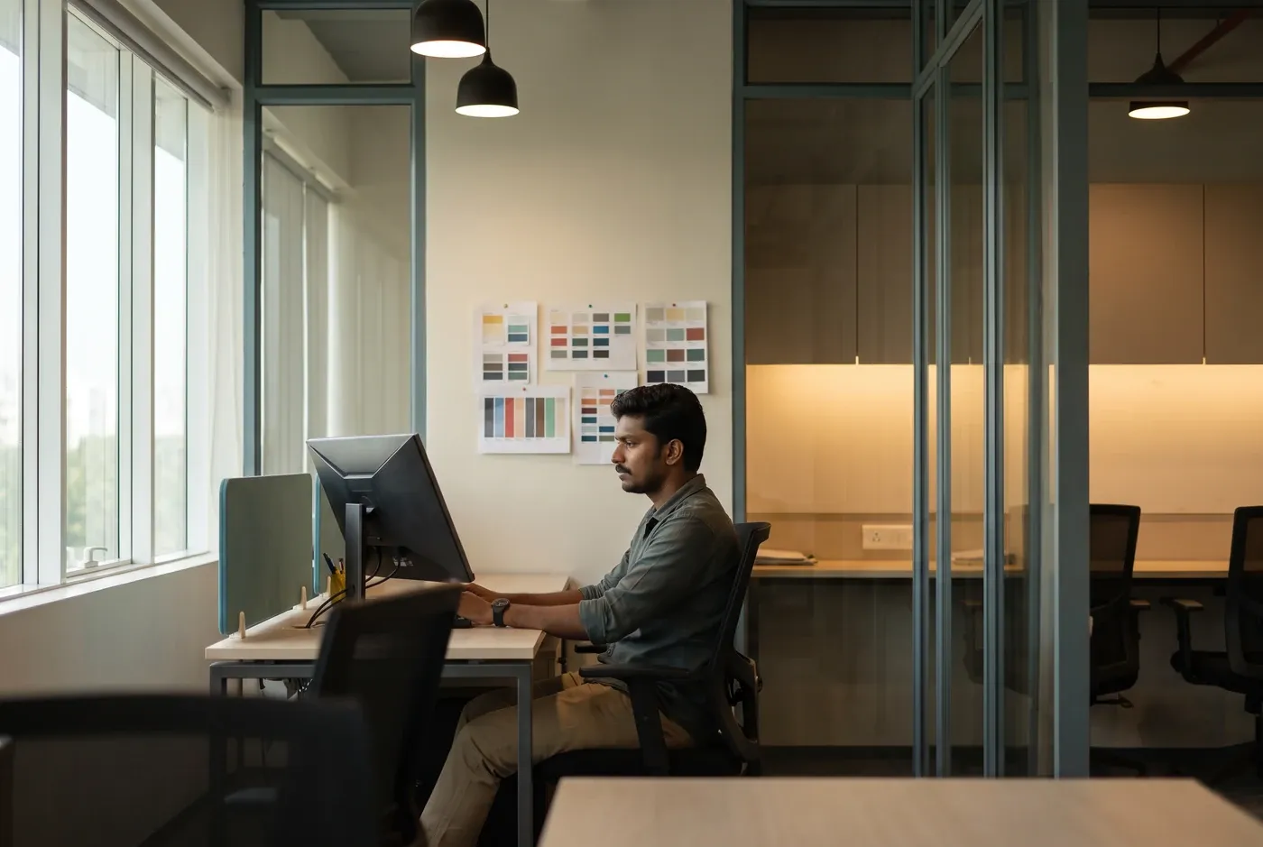 A motion designer seated at a workstation in a bright studio bay