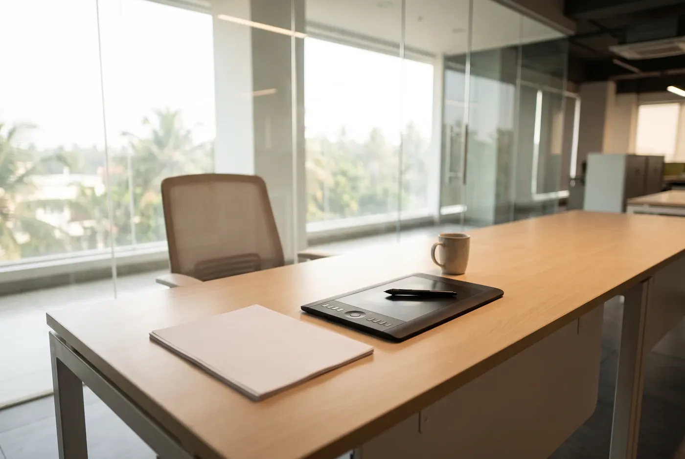 A designer's desk with a graphics tablet, a pen and blank sheets