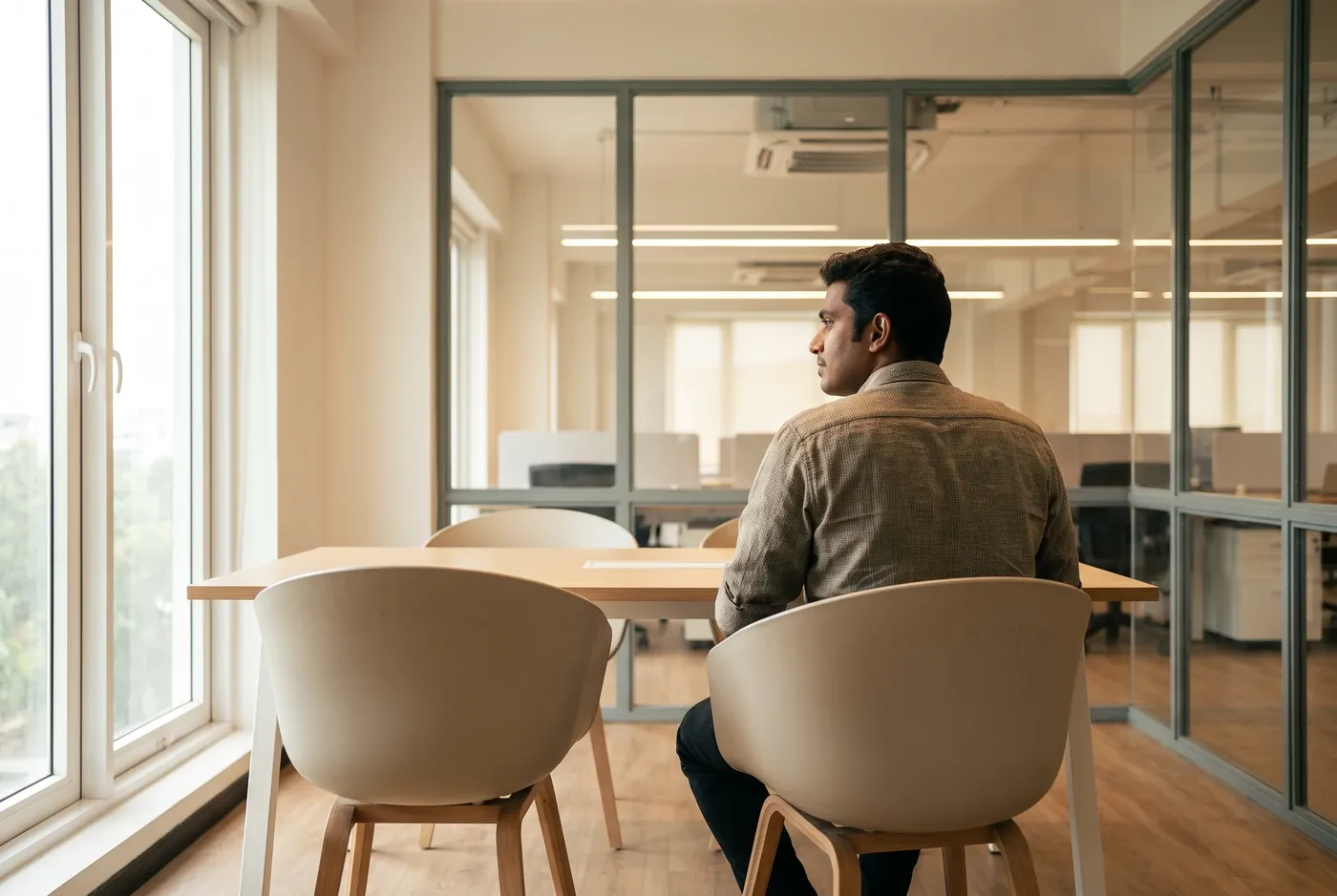 A seated figure in a bright meeting room with an empty chair opposite