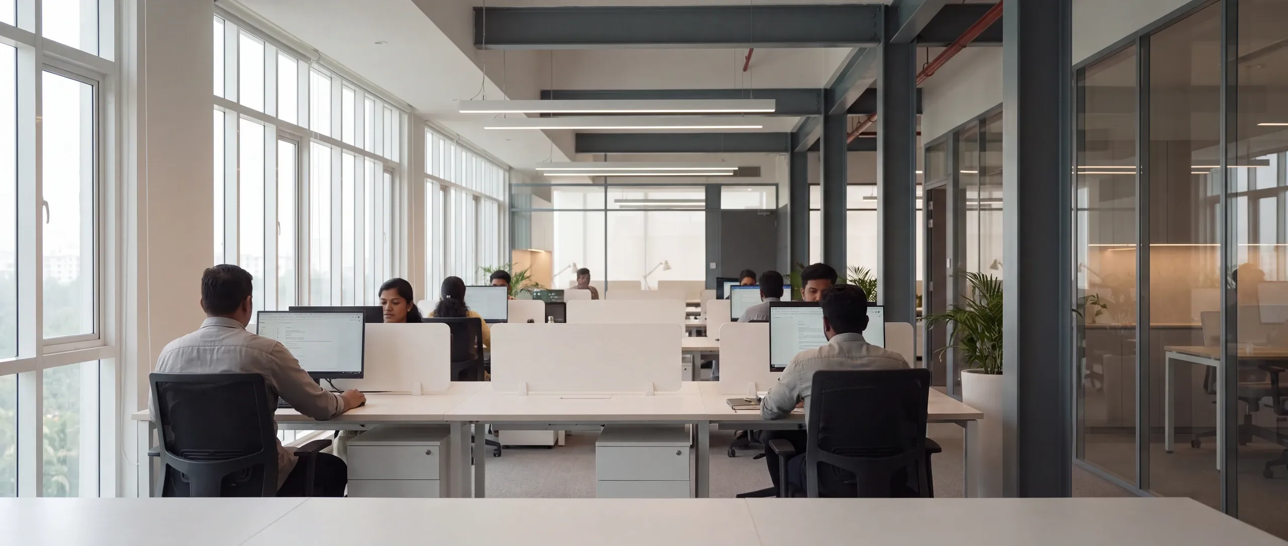 A wide view across a working open-plan technology-park floor