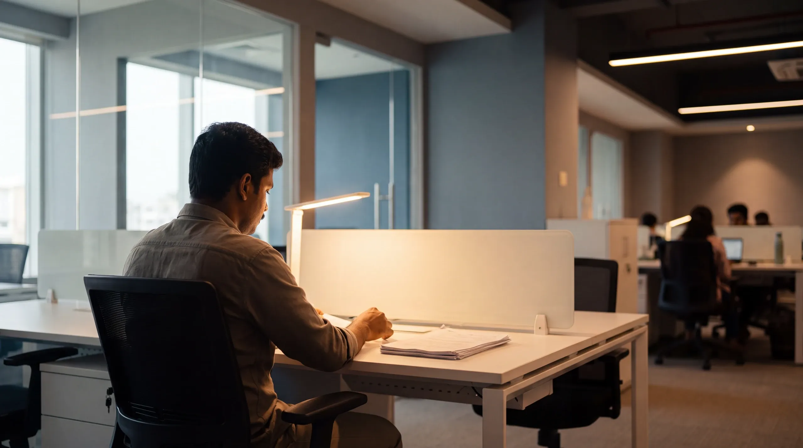 A person at a desk in a dim office bay, seen from behind, lit by one warm lamp