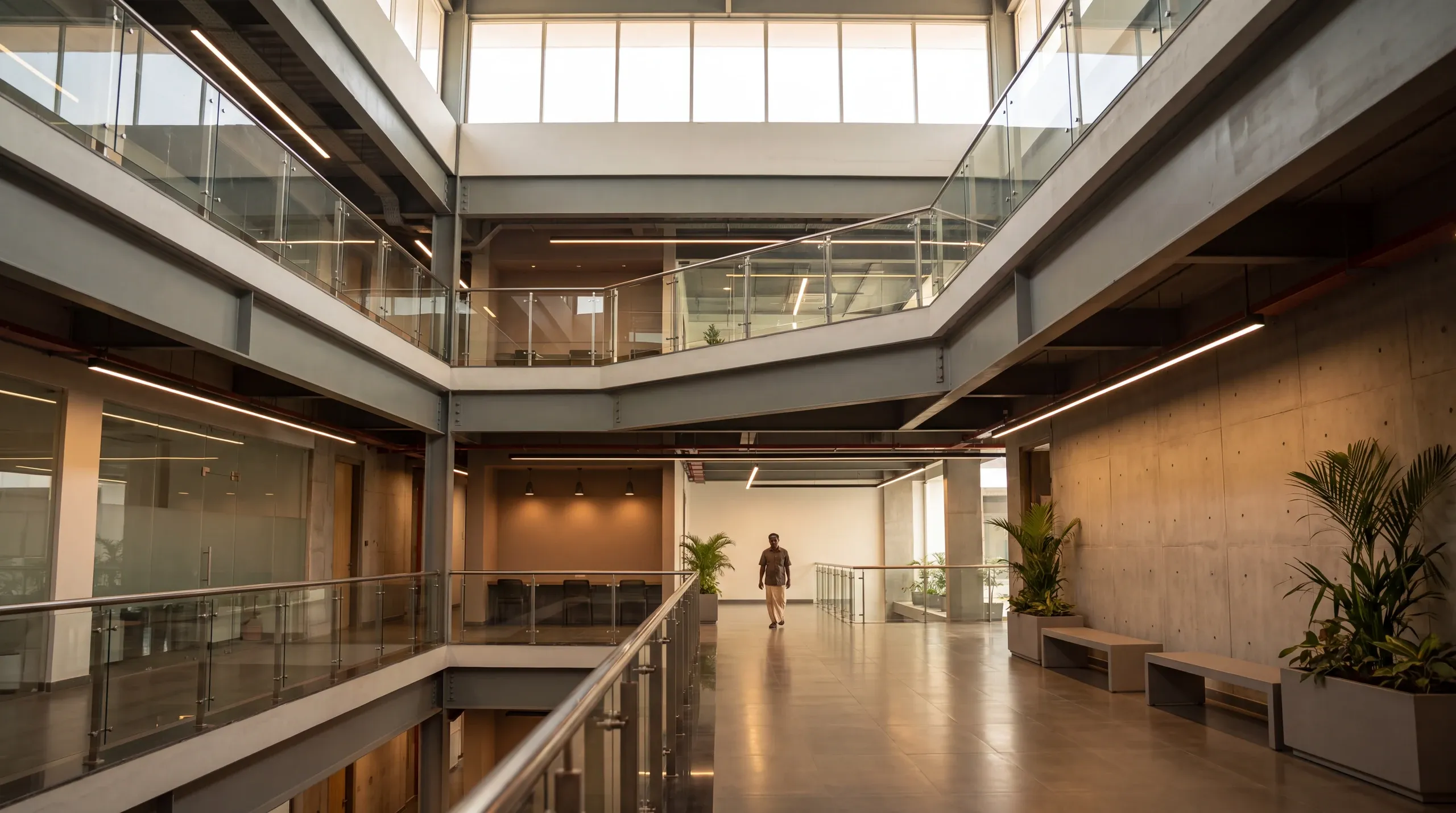 A technology-park atrium after dark with a single figure crossing the floor