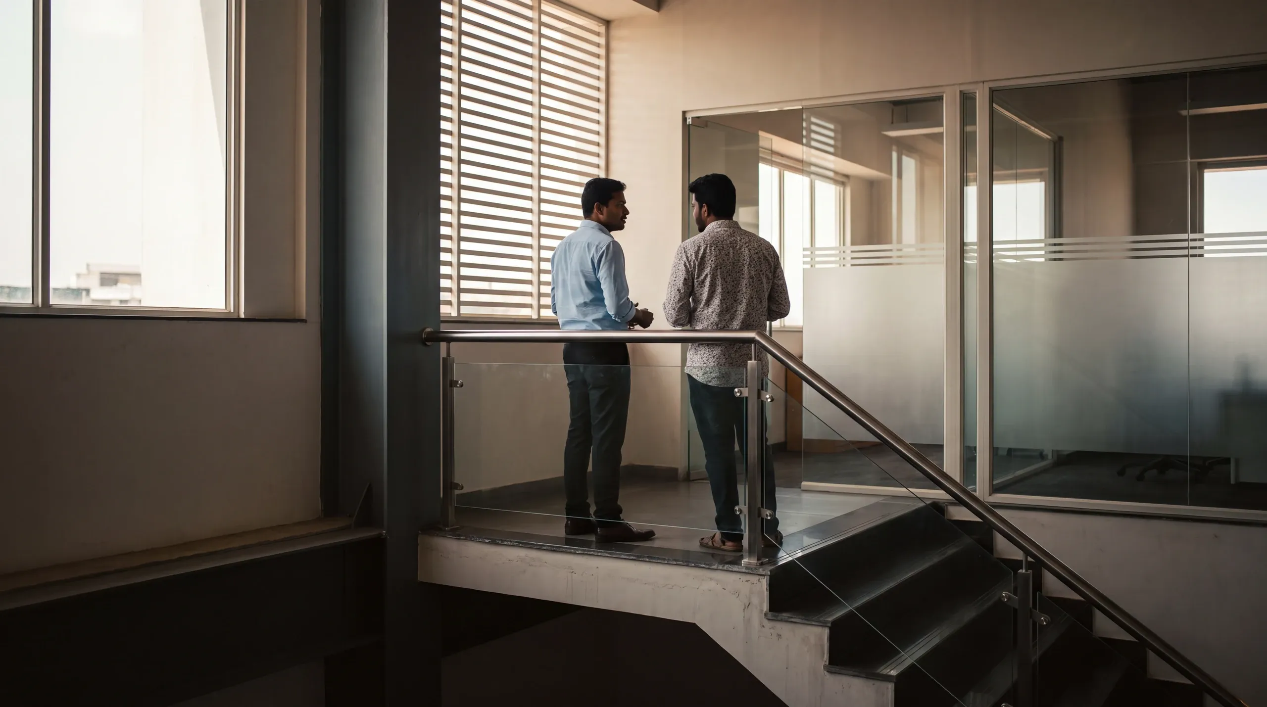 Two colleagues talking on a stair landing under louvred window light